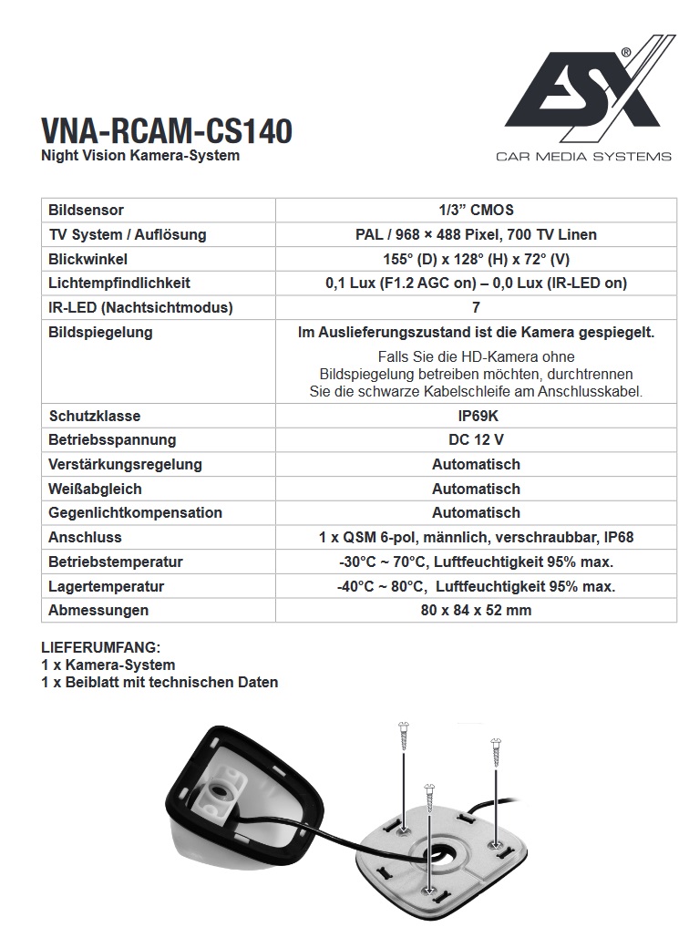 ESX VNA-RCAM-CS140 Night Vision Aufbaukamera Rückfahrkamera Universal Kamera   