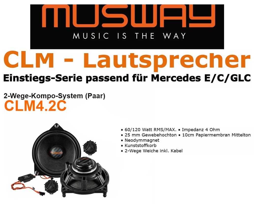 MUSWAY CLM4.2C 10 cm (4”) 2-Wege Komponenten Lautsprecher System kompatibel mit Mercedes-Benz C / GLC / E Klasse