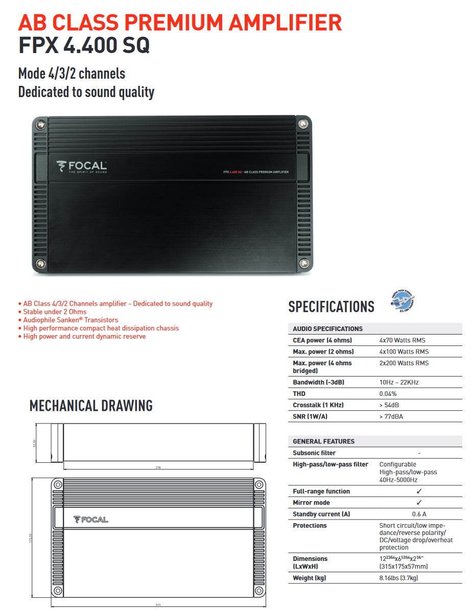 Focal FPX4.400SQ 4-Kanal Verstärker 4 x 70 W Class-A/B Amplifier