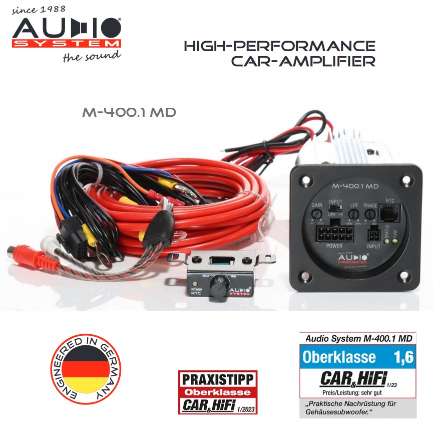 Audio System M-400.1 MD Digitaler 1-Kanal Terminal Mono Verstärker 400 Watt RMS Endstufe mit RTC Basspegel Fernbedienung und 6mm² Stromkabelsatz (5,5m)