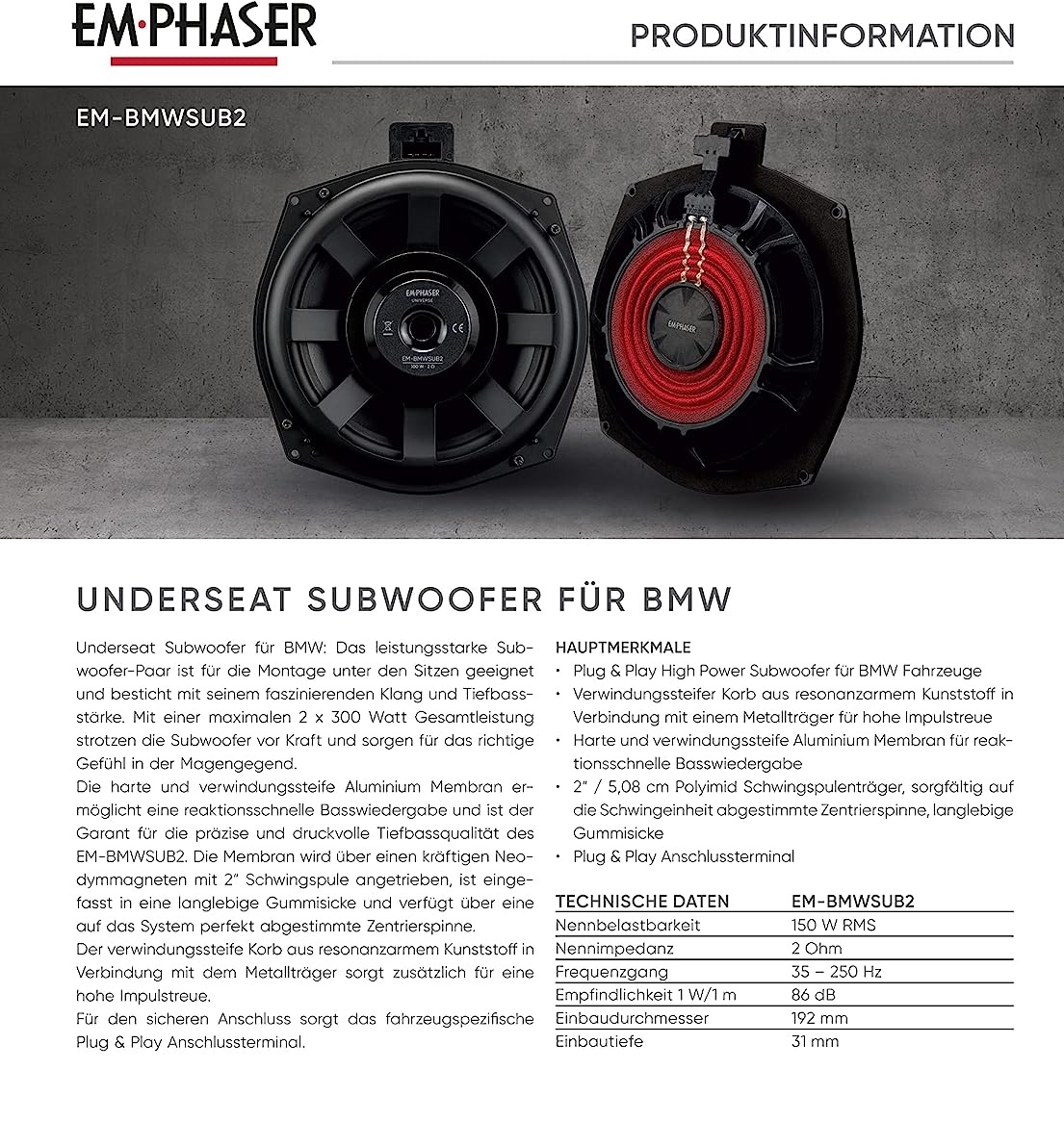 EMPHASER EM-BMWSUB2 Plug & Play 20 cm / 8" Untersitz Subwoofer kompatibel mit BMW Fahrzeugen E6x, E7x, E8x, E9x, F0x, F2x, F3x, F4x, F5x, F8x, G11, G12, G30, G31, G38, I8 und dem Mini F5x, F60, R60, R61 - 1 Paar   